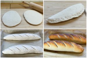 4-segment collage of dough; flattened, folded showing pinched edges, slits showing on formed dough, fully browned and baked baguette