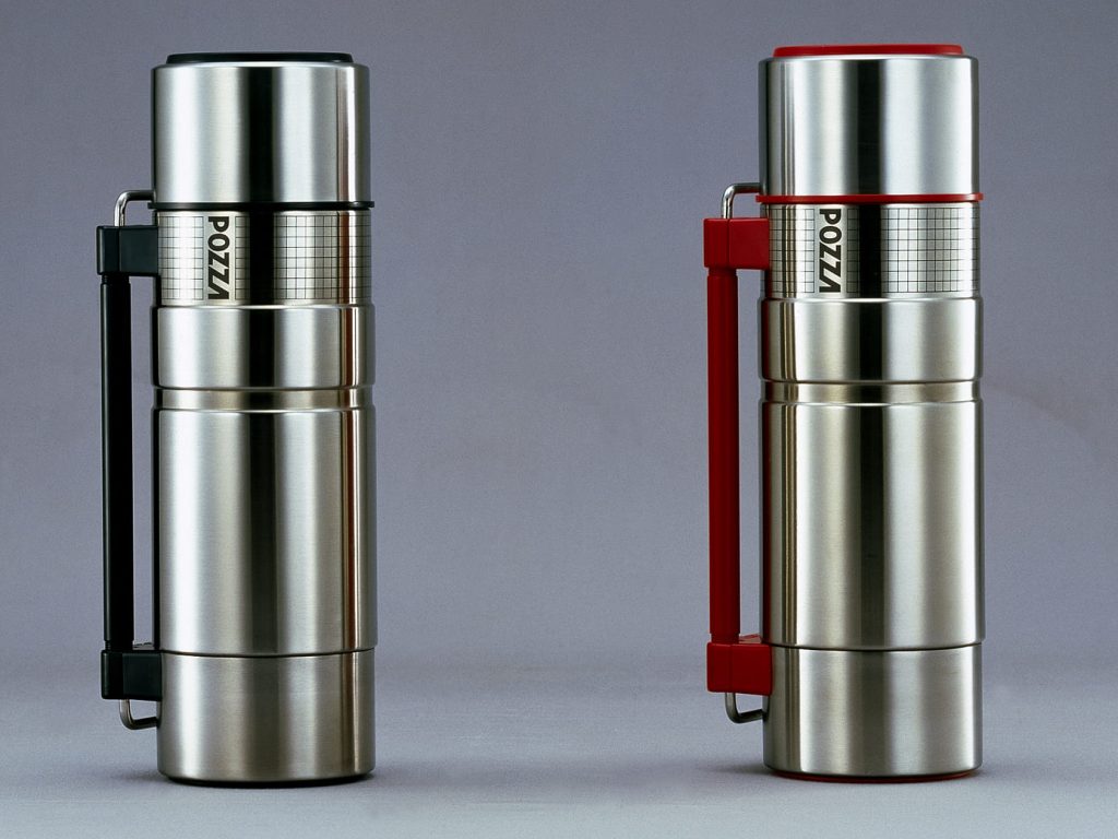 2 Stainless steel Vacuum insulated bottles in a grey background