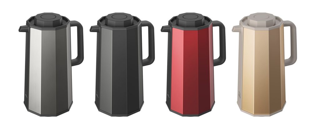 4 Carafes in a white background. Grey, black, red, and gold carafes