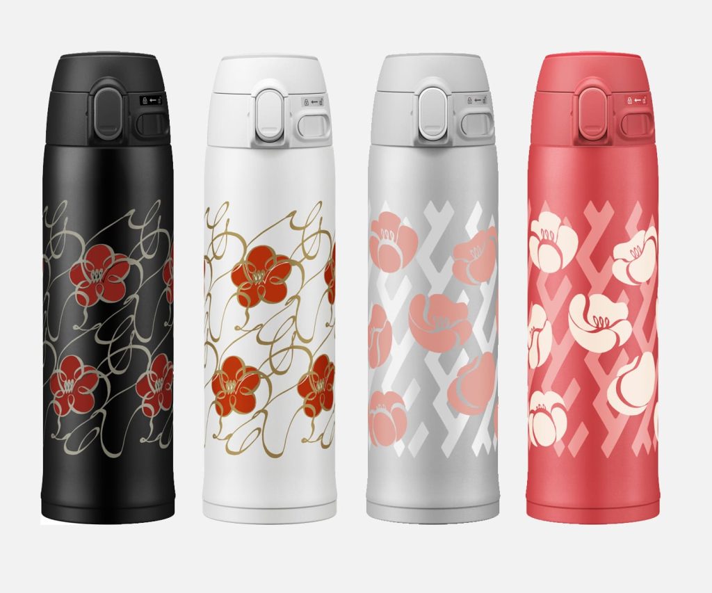 4 stainless mug with flower patterns in a white background. Black, white, silver, and red mugs.