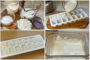 collage of 4 steps showing ice cream making using ice cube tray