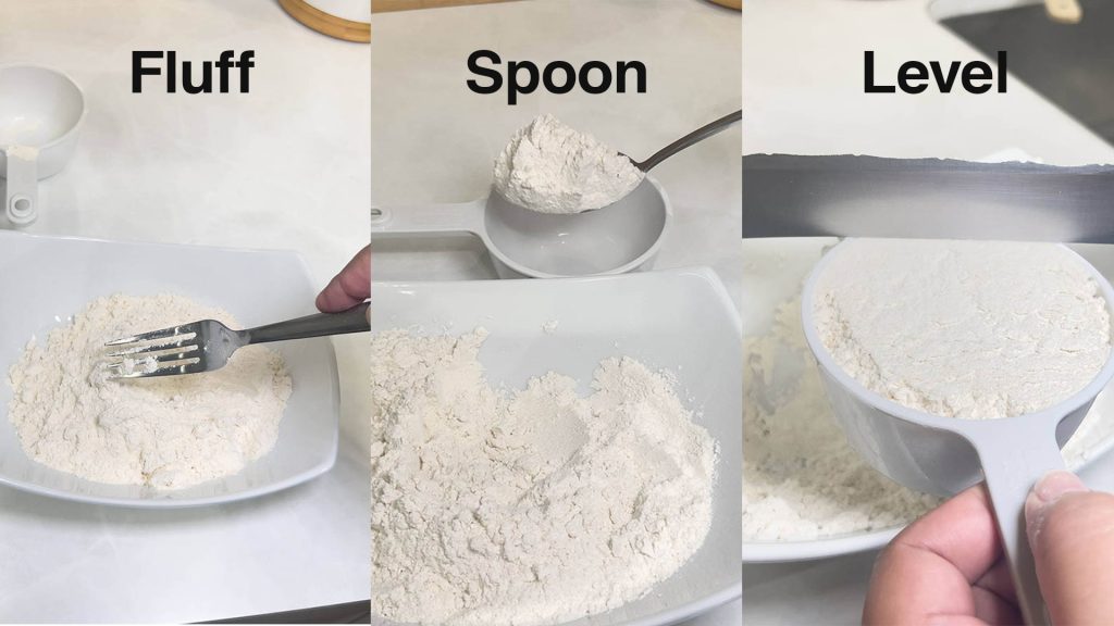 On the left flour is being fluffed with a fork, in the center the flour is being transferred to a measuring cup by spoonful, and on the right the cup is being leveled off with the back of a knife