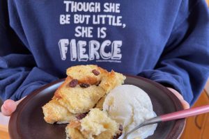 bread pudding with ice cream plated