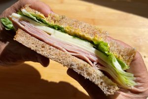 wheat bread ham and cheese sandwich closeup