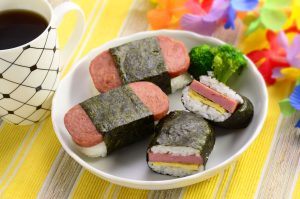 Spam musubi on a white plate