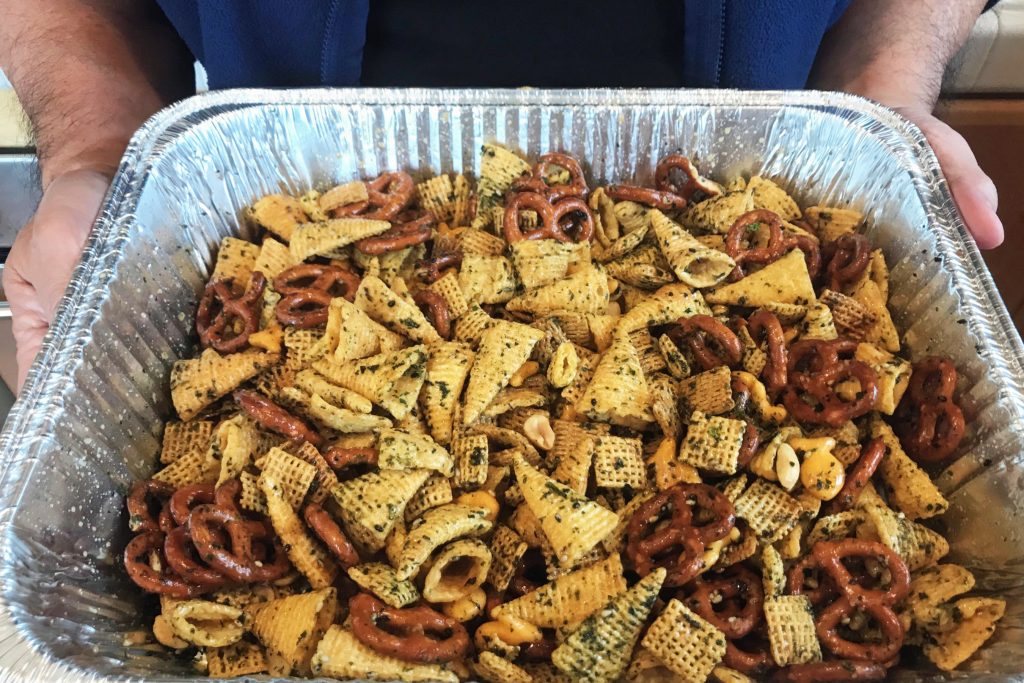 furikake chex mix in foil pan