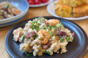 jambalaya plated blurry background