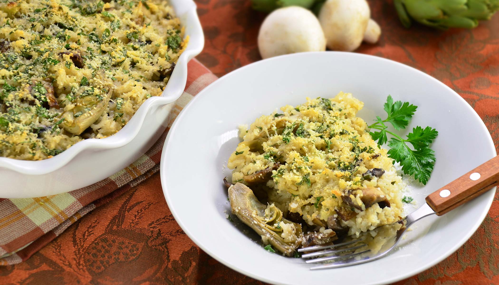 Baked Rice Casserole with Artichokes and Mushrooms